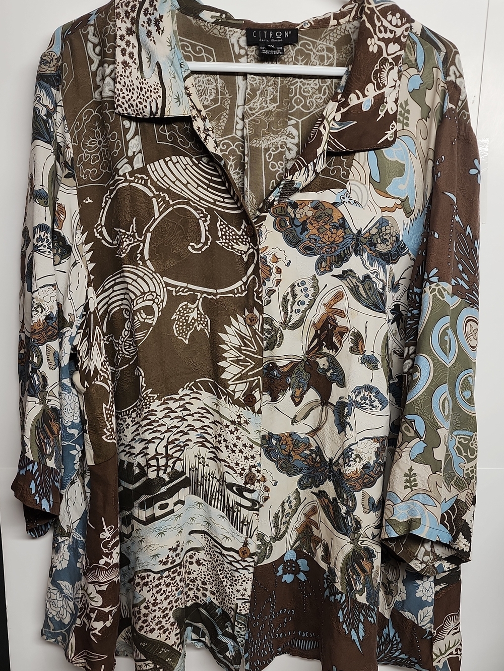Citron Santa Monica 100% Silk 2X Asian Inspired Floral Butterfly Button Down Top